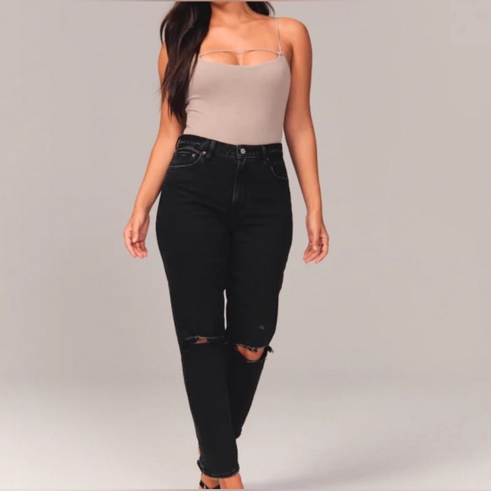 High Rise Mom Jean black denim ripped knees raw frayed ankle Abercrombie & Fitch